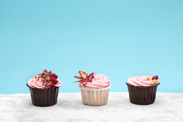 Cupcakes colorés décorés par des baies sublementées et des boutons de fleurs sèches sur fond bleu. Horizontal avec un espace pour le texte