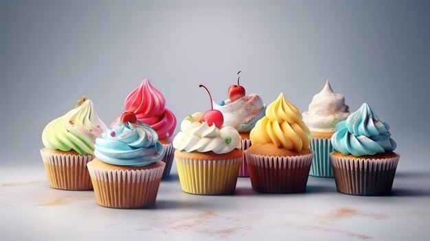 Cupcakes colorés sur fond clair Ai générative de couleur vive