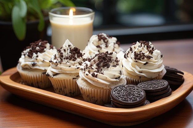 Cupcakes de cookies 'n' cream sur plateau rustique génératif IA