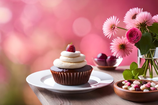 cupcakes à la crème et à la cerise sur une assiette avec des fleurs en arrière-plan.
