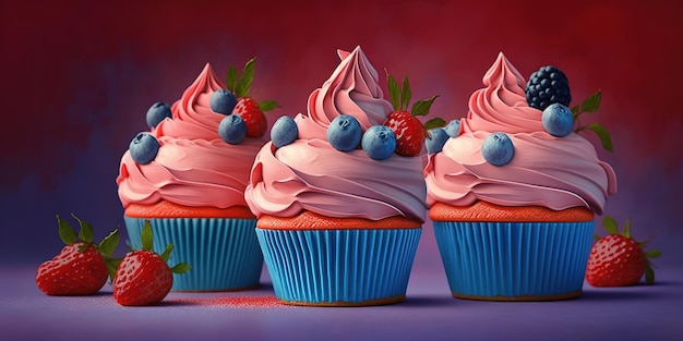 cupcakes à la crème de myrtilles sur fond pastel rouge