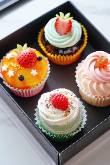 Des cupcakes décorés assortis dans une boîte Présentation de boulangerie et de dessert pour la conception et l'impression