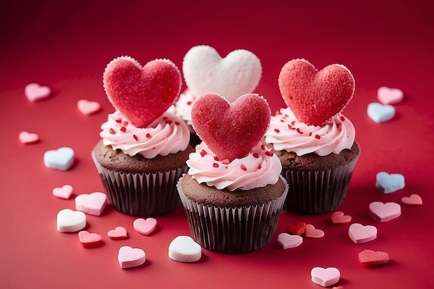 Des cupcakes décorés de cœurs de sucre pour la Saint-Valentin sur fond rouge
