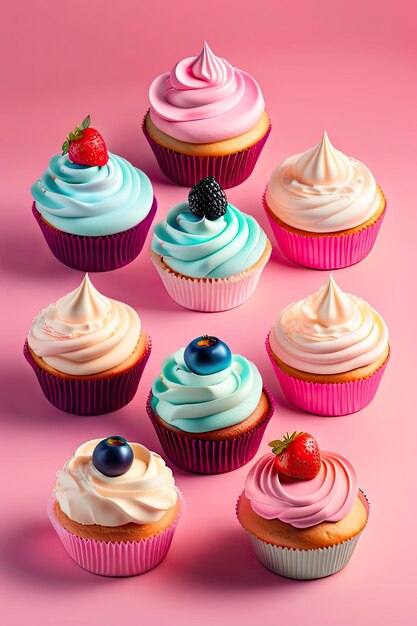 Des cupcakes délicieux avec de la crème et des baies fraîches isolées sur un fond rose.