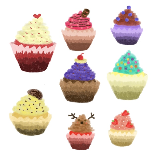 Des cupcakes dessinés à la main avec différentes garnitures et crèmes sur un fond blanc