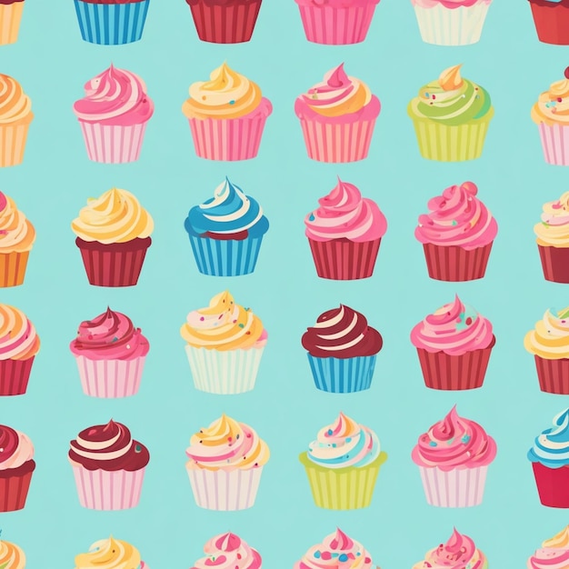 Cupcakes de dessins animés colorés motif sans couture papier peint fond vecteur design plat art couleurs vibrantes