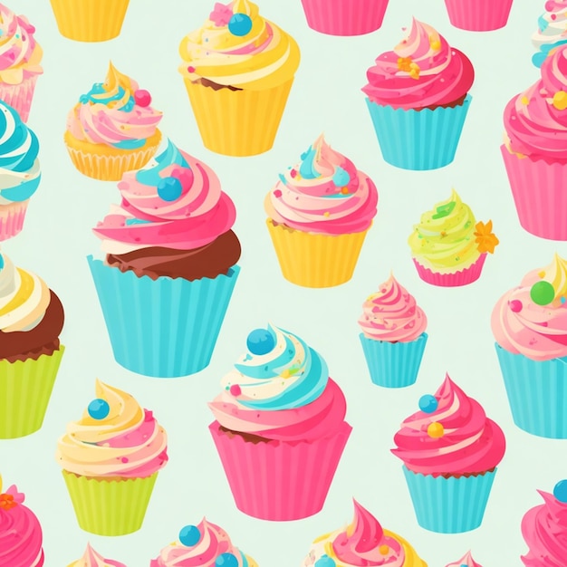 Cupcakes de dessins animés colorés motif sans couture papier peint fond vecteur design plat art couleurs vibrantes