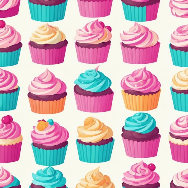 Cupcakes de dessins animés colorés motif sans couture papier peint fond vecteur design plat art couleurs vibrantes