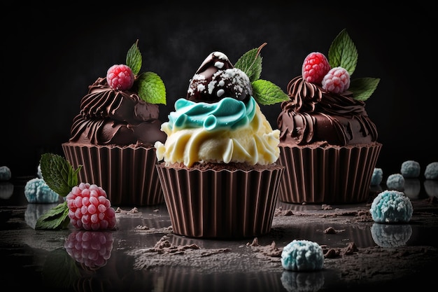 Cupcakes festifs avec des gâteaux à la crème et à la mousse sur fond sombre créés avec une IA générative