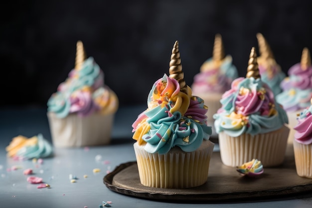 Cupcakes de fête d'anniversaire thème licorne mignon générative ai