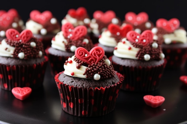 Les cupcakes de la fête de la Saint-Valentin sont décorés de cœurs rouges sur un fond sombre.