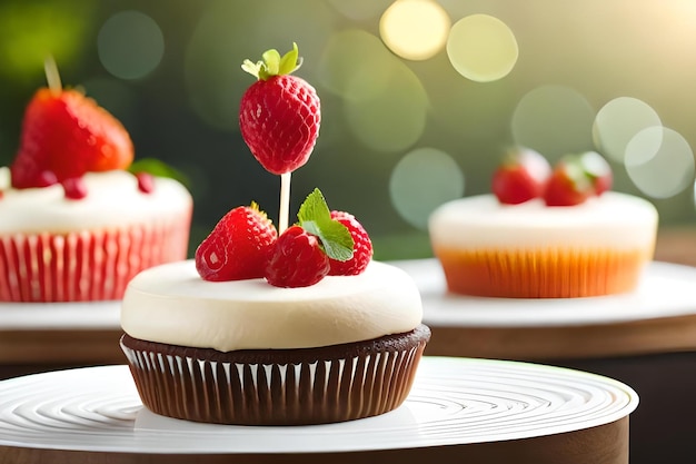 Des cupcakes avec des fraises sur une assiette avec un cupcake en arrière-plan.