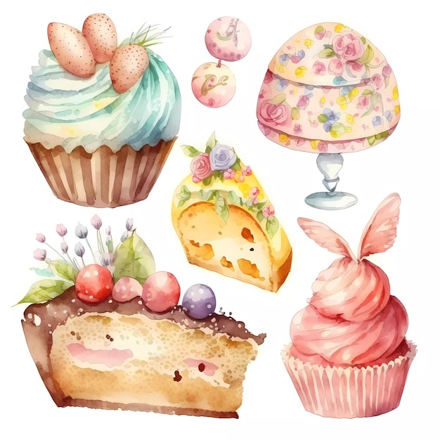 Cupcakes et gâteaux à l'aquarelle sur fond blanc