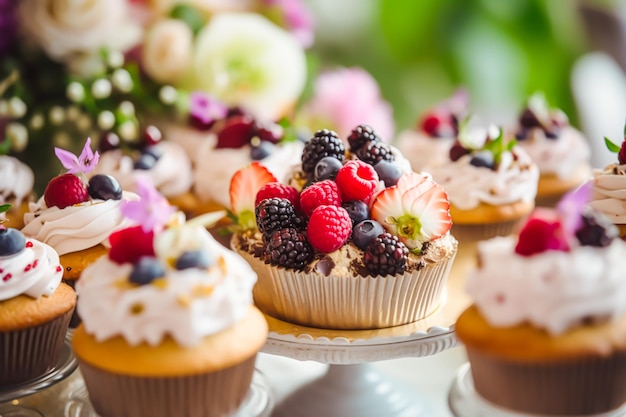 Cupcakes gâteaux scones et muffins et décoration de vacances à l'extérieur dans le jardin de style campagnard anglais desserts sucrés pour l'anniversaire de mariage ou la célébration de fête générative ai