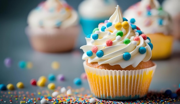 Cupcakes avec glaçage blanc et pépites colorées sur une table