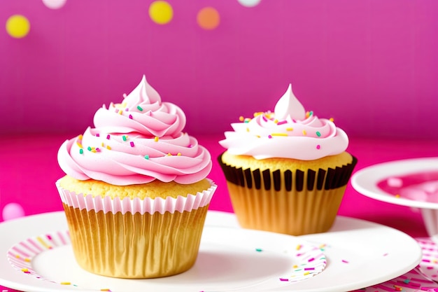 Cupcakes avec glaçage rose et fond rose