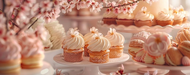 Des cupcakes glacés roses et blancs et d'autres desserts sont assis sur une table prêts à être servis à une fête