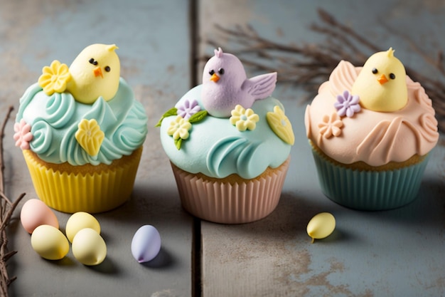 Cupcakes gourmands sur le thème de Pâques décorés avec des couleurs pastel et des motifs de Pâques Generative AI