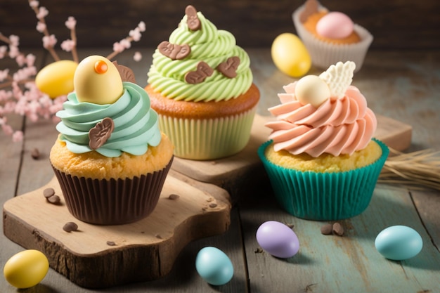 Cupcakes gourmands sur le thème de Pâques décorés avec des couleurs pastel et des motifs de Pâques Generative AI