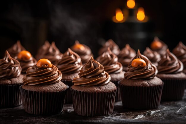 Cupcakes d'Halloween avec décorations fantômes et glaçage au chocolat dans le style d'une atmosphère hantée orange foncé et gris foncé Generative AI