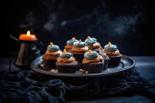 Cupcakes d'Halloween sur une plaque noire en forme de fantômes dans le style de l'ambre foncé et du gris Generative AI