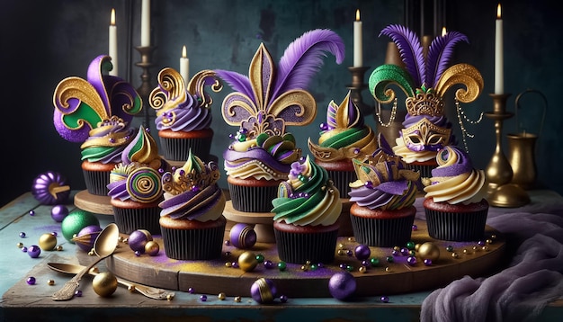 Des cupcakes de Mardi Gras sur une scène aux bougies.