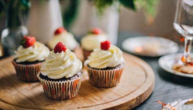 Des cupcakes ornés de glaçage coloré et de saupoudres arrangés pour une célébration festive.