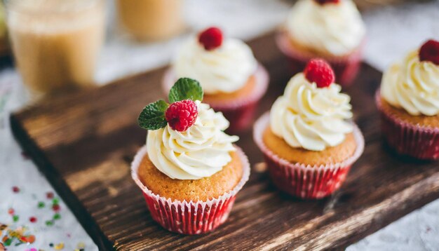 Des cupcakes ornés de glaçage coloré et de saupoudres arrangés pour une célébration festive.