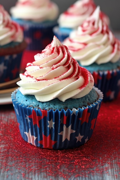 Cupcakes patriotiques avec glaçage rouge blanc et bleu créé avec une IA générative