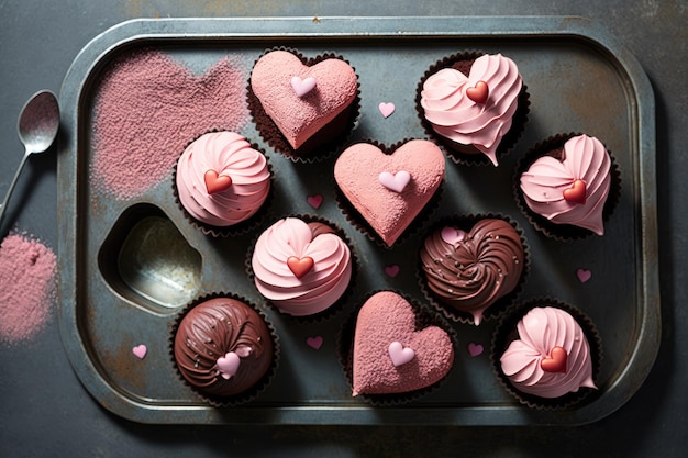 Cupcakes sur une plaque de cuisson en forme de coeur pour une occasion romantique