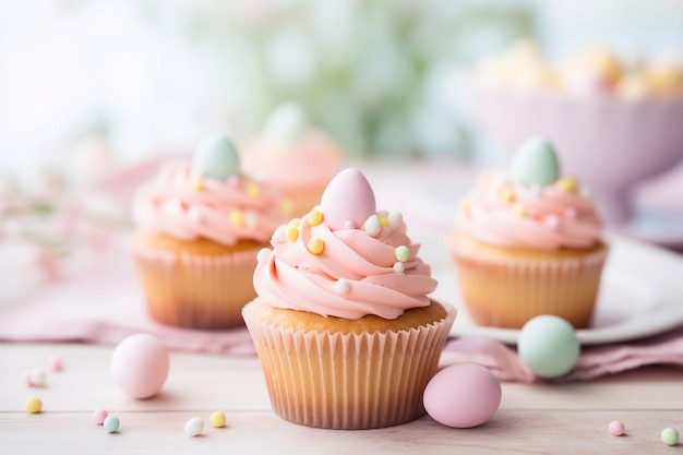 Des cupcakes pour les célébrations de Pâques couleurs pastel et un focus peu profond