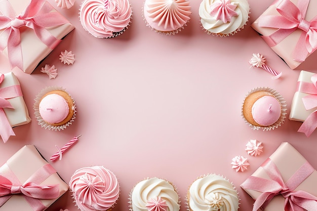 cupcakes roses et blancs avec un ruban rose et des cupcakes sur un fond rose