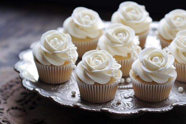 Des cupcakes servis sur un plateau de dessert avec une sélection de fruits frais et de crème fouettée