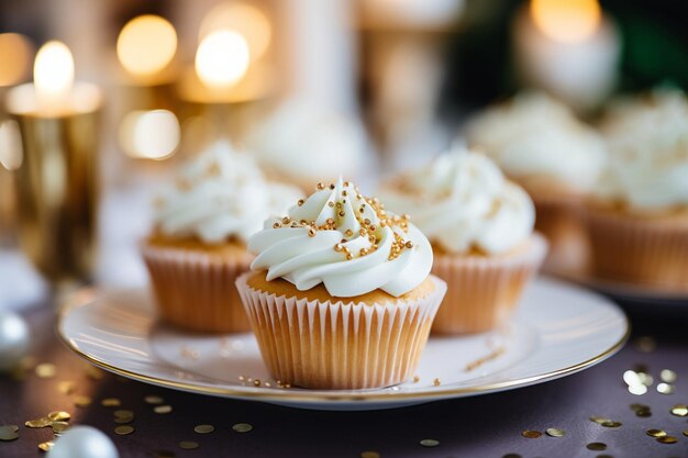 Des cupcakes servis sur un plateau de dessert avec une sélection de fruits frais et de crème fouettée