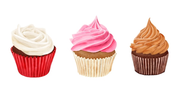Des cupcakes sucrés avec du chocolat, des fraises et de la crème à la vanille dans des tasses en papier dans un ensemble d'illustration numérique à l'aquarelle Un délicieux gâteau de pâtisserie et un dessert romantique isolés sur un fond blanc