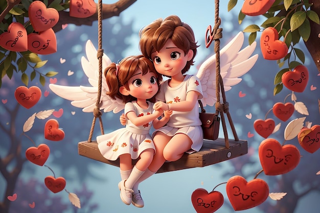 Cupidon avec une jolie fille sur la balançoire