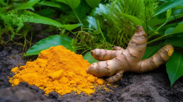 Photo curcuma avec poudre finement sèche et feuilles vertes isolées sur fond blanc