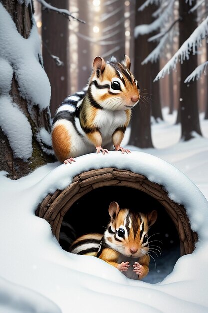 Écureuil animal sauvage à la recherche de nourriture dans un trou d'arbre dans une forêt enneigée en hiver, photographie HD