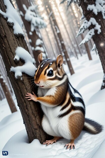 Écureuil animal sauvage à la recherche de nourriture dans un trou d'arbre dans une forêt enneigée en hiver, photographie HD