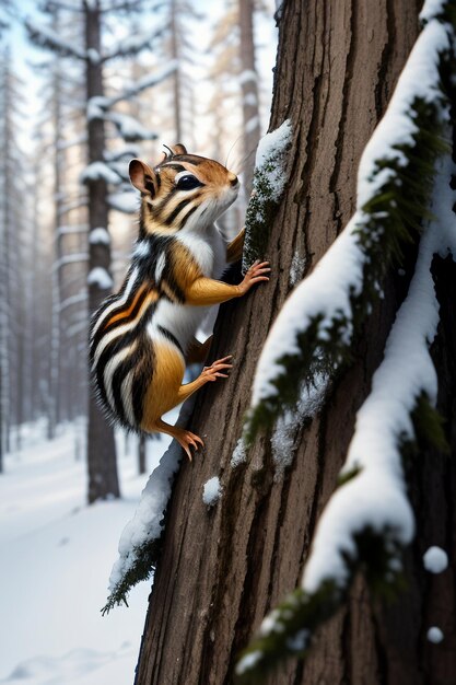 Écureuil animal sauvage à la recherche de nourriture dans un trou d'arbre dans une forêt enneigée en hiver, photographie HD