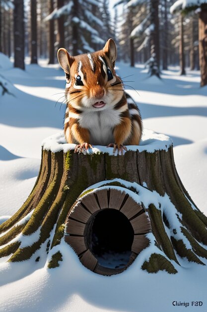 Écureuil animal sauvage à la recherche de nourriture dans un trou d'arbre dans une forêt enneigée en hiver, photographie HD