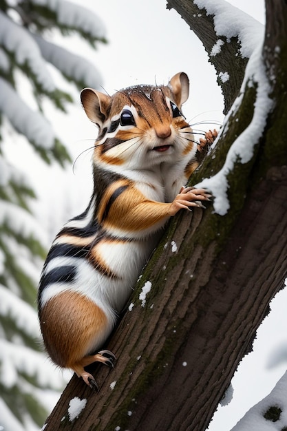 Écureuil animal sauvage à la recherche de nourriture dans un trou d'arbre dans une forêt enneigée en hiver, photographie HD