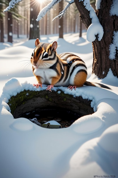 Écureuil animal sauvage à la recherche de nourriture dans un trou d'arbre dans une forêt enneigée en hiver, photographie HD