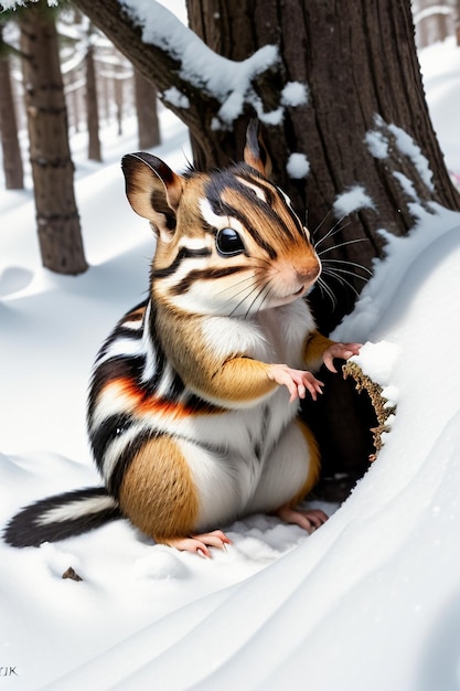 Écureuil animal sauvage à la recherche de nourriture dans un trou d'arbre dans une forêt enneigée en hiver, photographie HD