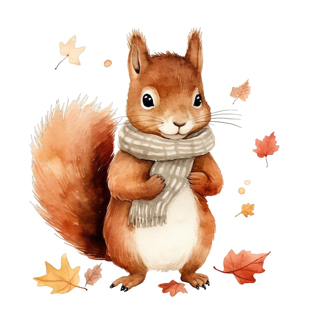 Écureuil aquarelle mignon avec écharpe en automne automne avec illustration de feuilles qui tombent