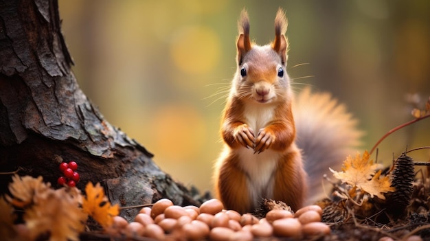 Écureuil dans la forêt d'automne avec des noix