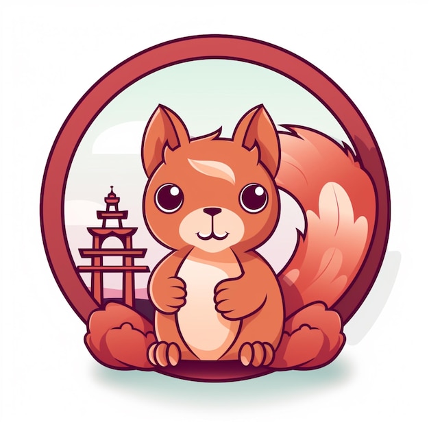 Écureuil de dessin animé assis dans un cadre rond avec une pagode en arrière-plan ai générative