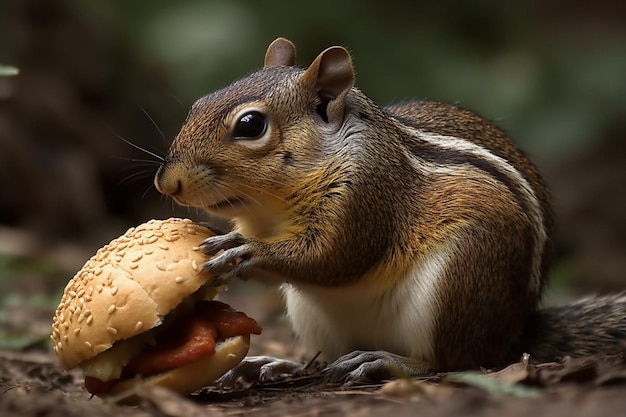 Écureuil mangeant un hamburger dans la forêt Gros plan