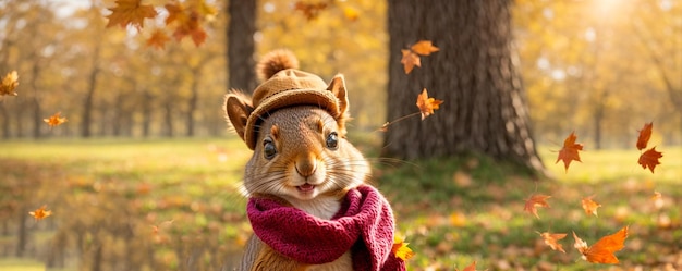 Écureuil mignon de bande dessinée dans une clairière avec des feuilles d'automne