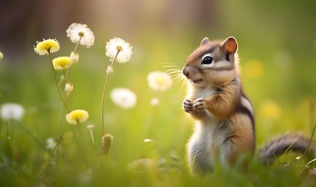 Écureuil mignon et pissenlit dans la jungle au coucher du soleil